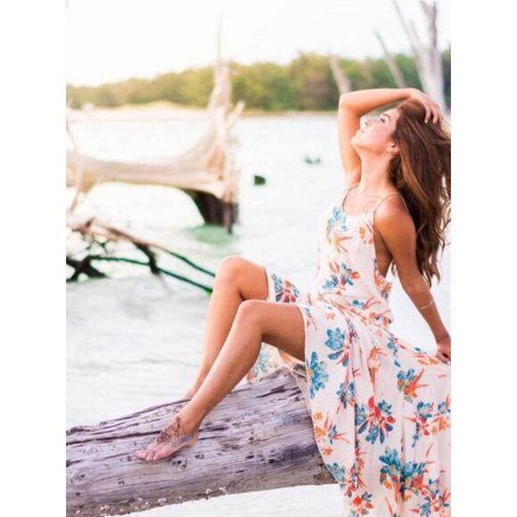 Free People Star Chaser Floral Low Back Flowy Maxi Slip Dress Peach Hibiscus S - Picture 8 of 16